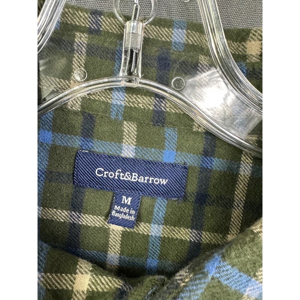 Croft & Barrow Men Flannel Shirt Medium Green Blue Plaid Long Sleeve Button Down